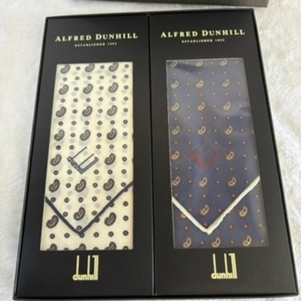 Alfred Dunhill Pocket Square Set Silk Paisley Polka Dot Cream Navy Boxed